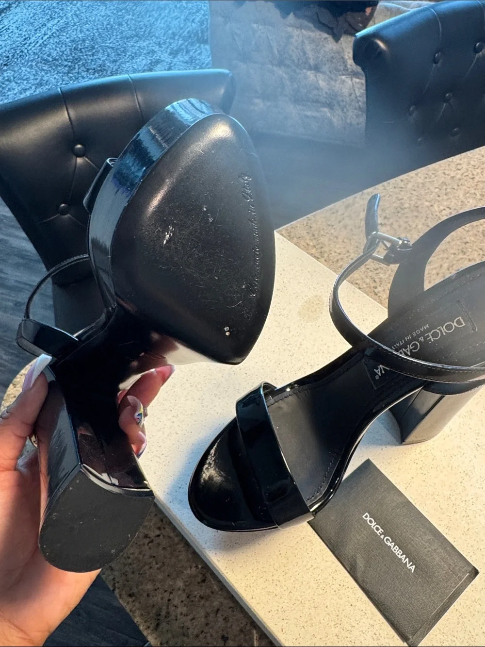 Dolce & Gabbana Black Patent Platform Block-Heel Sandals with Gold Logo